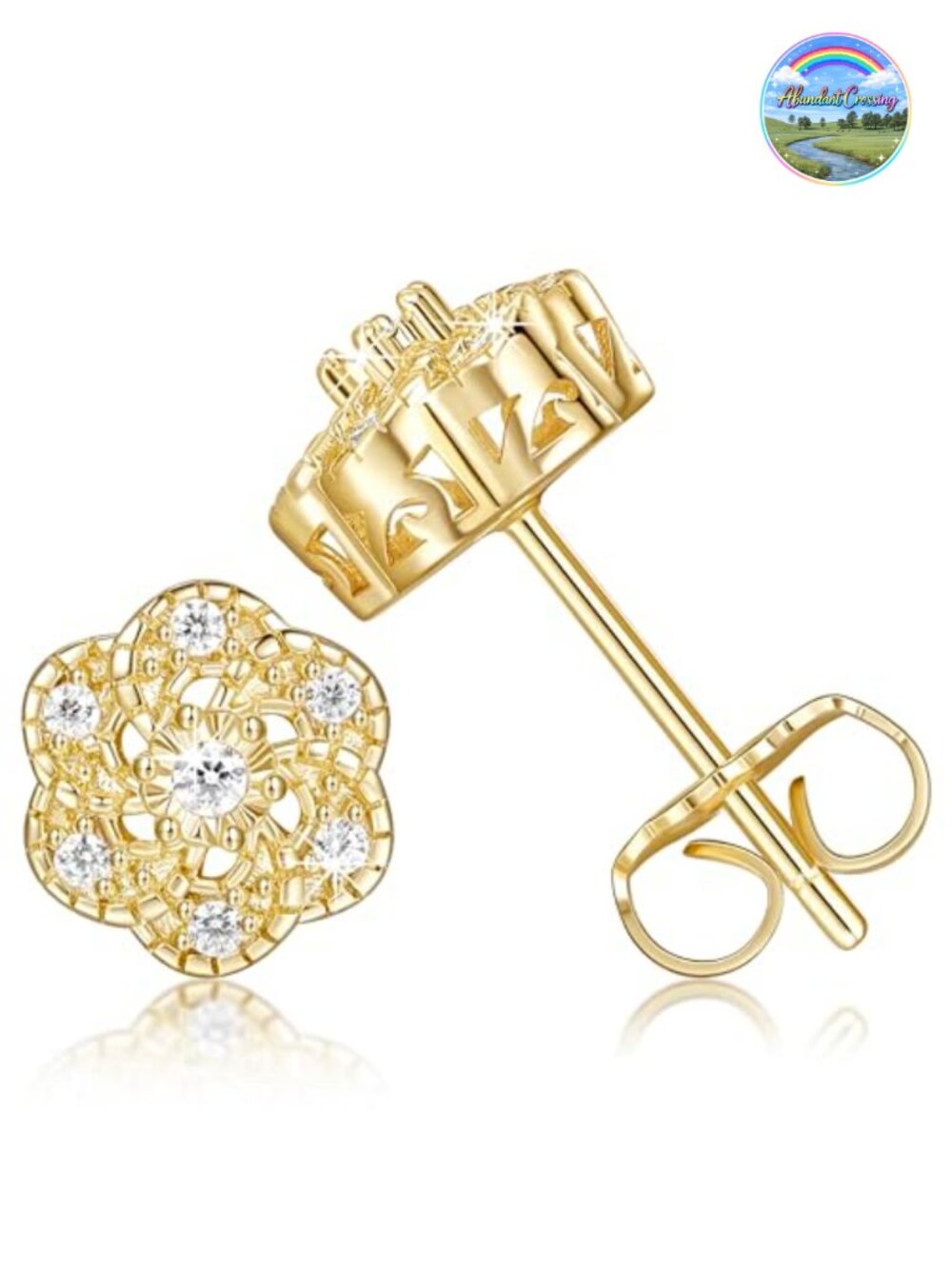 14k Gold Plated Cubic Zirconia Floral Stud Earrings 8mm